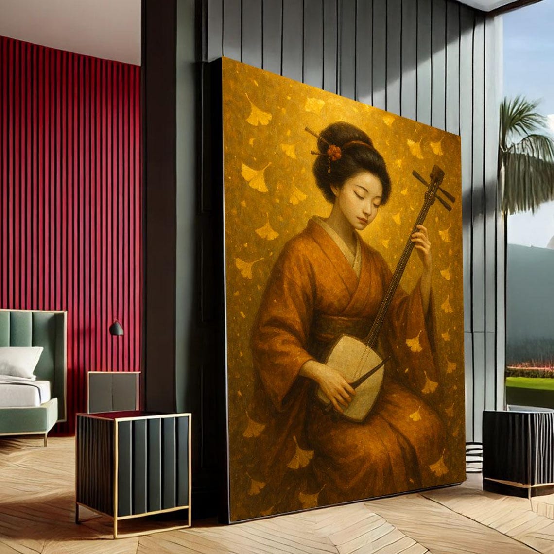 Japanese Geisha Playing Shamisen Golden Ginkgo Warm Art Poster