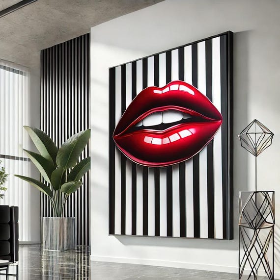 Woman Lips Pop Art Canvas Red Wall Modern Trendy Fashion Artwork Statement Home Accent Unique Gift For Lovers