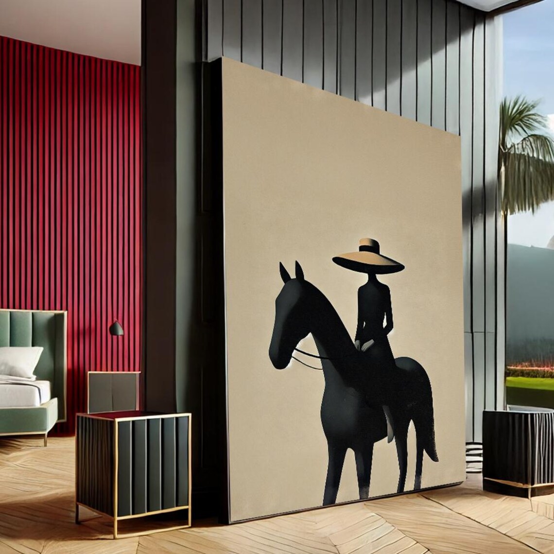 Mysterious Woman Black Wide Hat Riding Horse Modern Canvas Art Poster