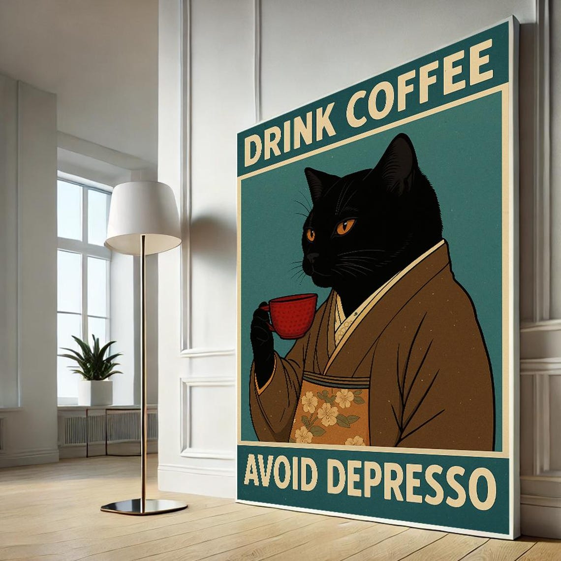 Black Cat Drink Coffee Avoid Depresso Funny Vintage Style Art Poster