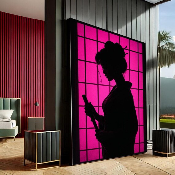 Elegant Geisha Silhouette Bold Pink Shoji Screen Japanese Art Print