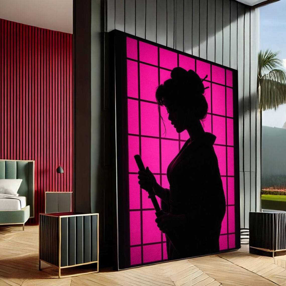 Elegant Geisha Silhouette Bold Pink Shoji Screen Japanese Art Print