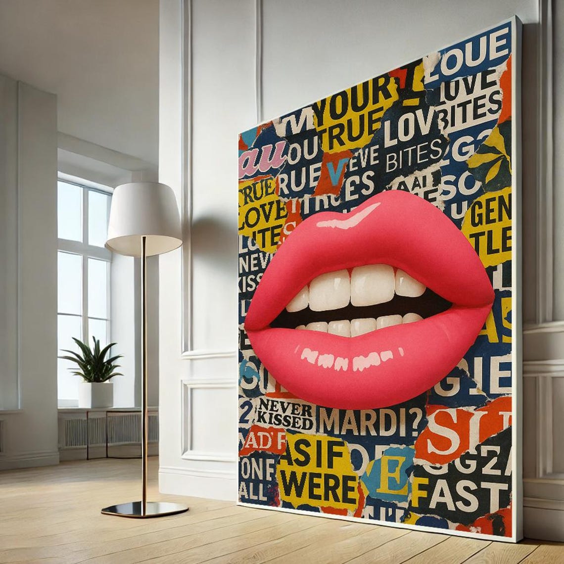 Red Lips Pop Art Newspaper Collage Bold Kiss Statement Wall Art