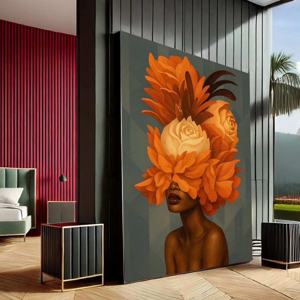 Woman with Orange Floral Headdress Modern Botanical Canvas Print