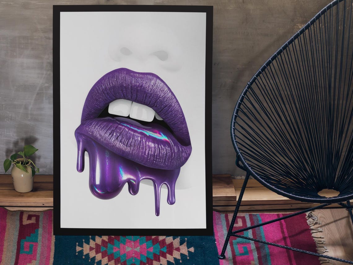 Purple Dripping Lips Glossy Pop Art Framed Beauty Salon Poster