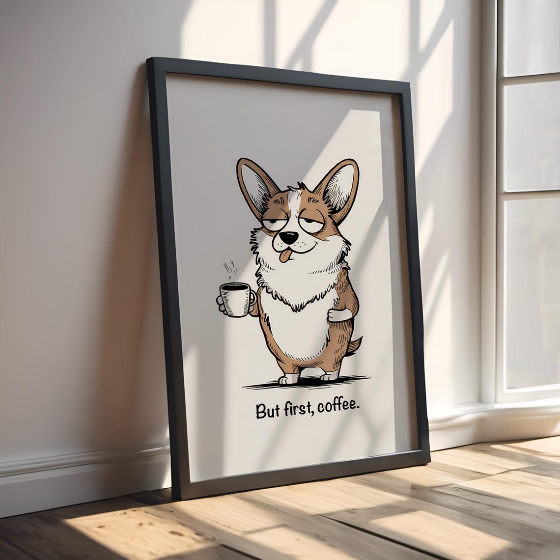 But First Coffee Sleepy Corgi Cartoon Dog Lover Gift Wall Poster - Image 3