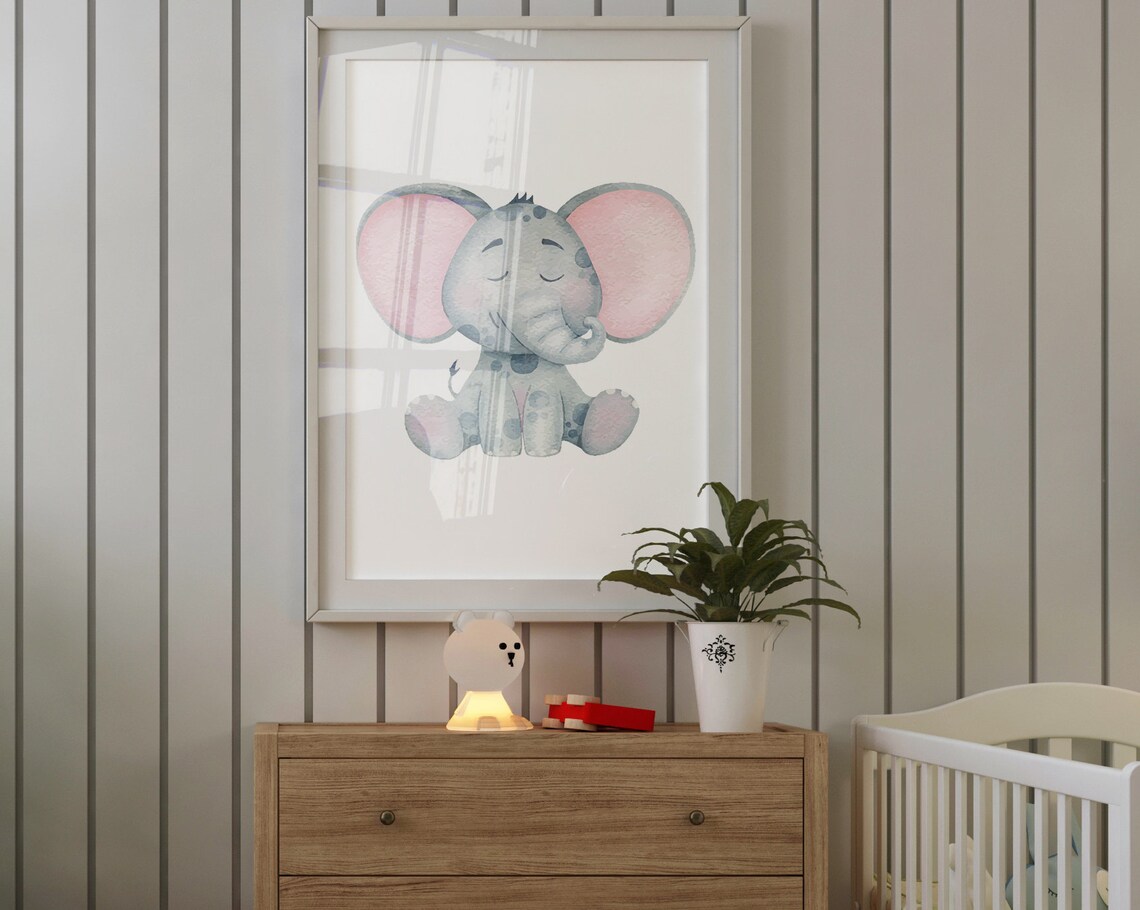 Watercolor Baby Elephant Sitting Nursery Wall Art Cute Safari Animal Poster