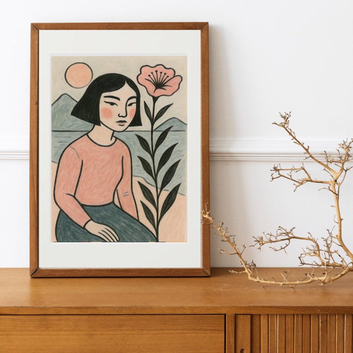 Modern Woman Pink Flower Sun Mountains Contemporary Folk Art Poster