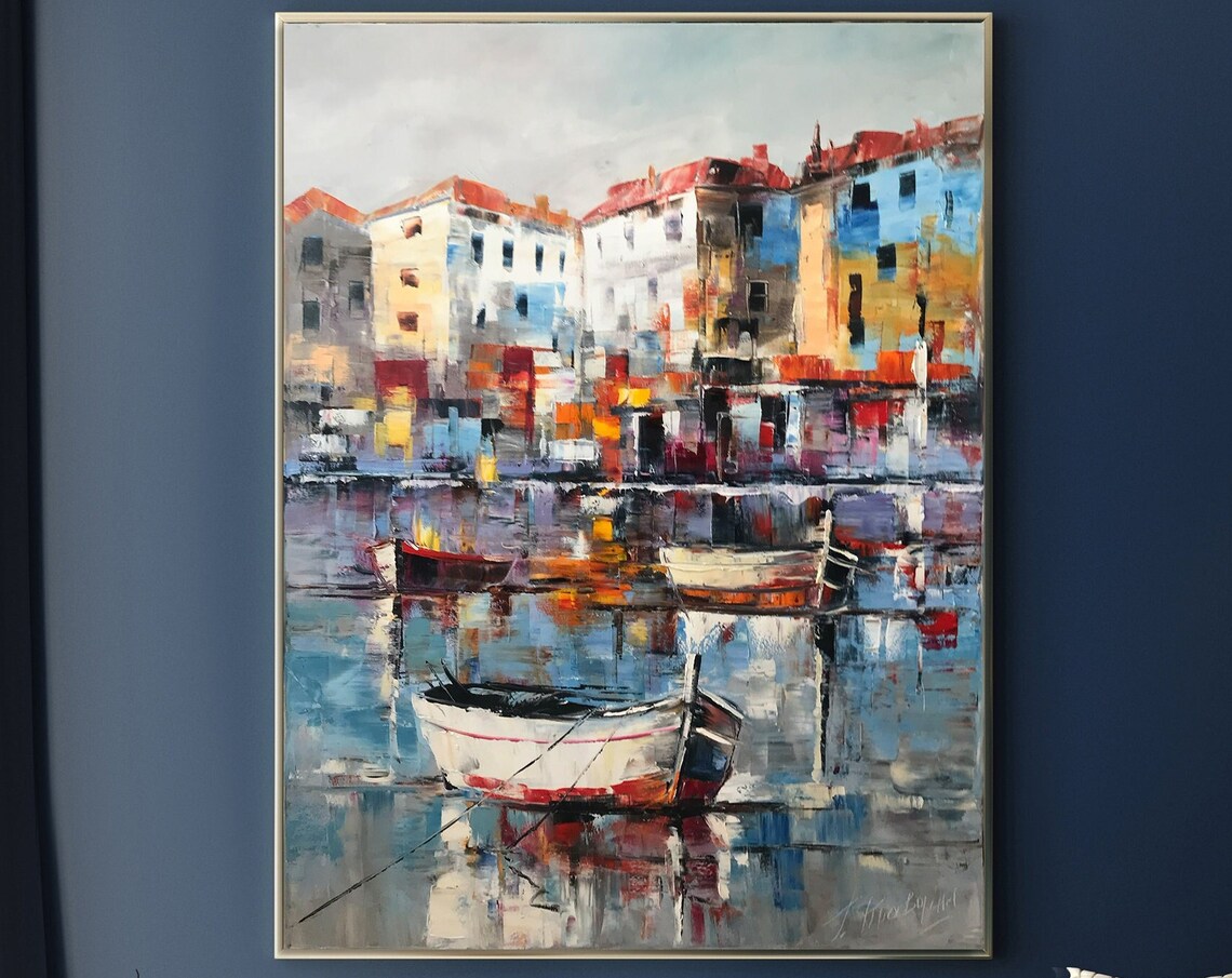 Harbor Boats Waterfront Buildings Abstract Oil Painting Coastal Poster