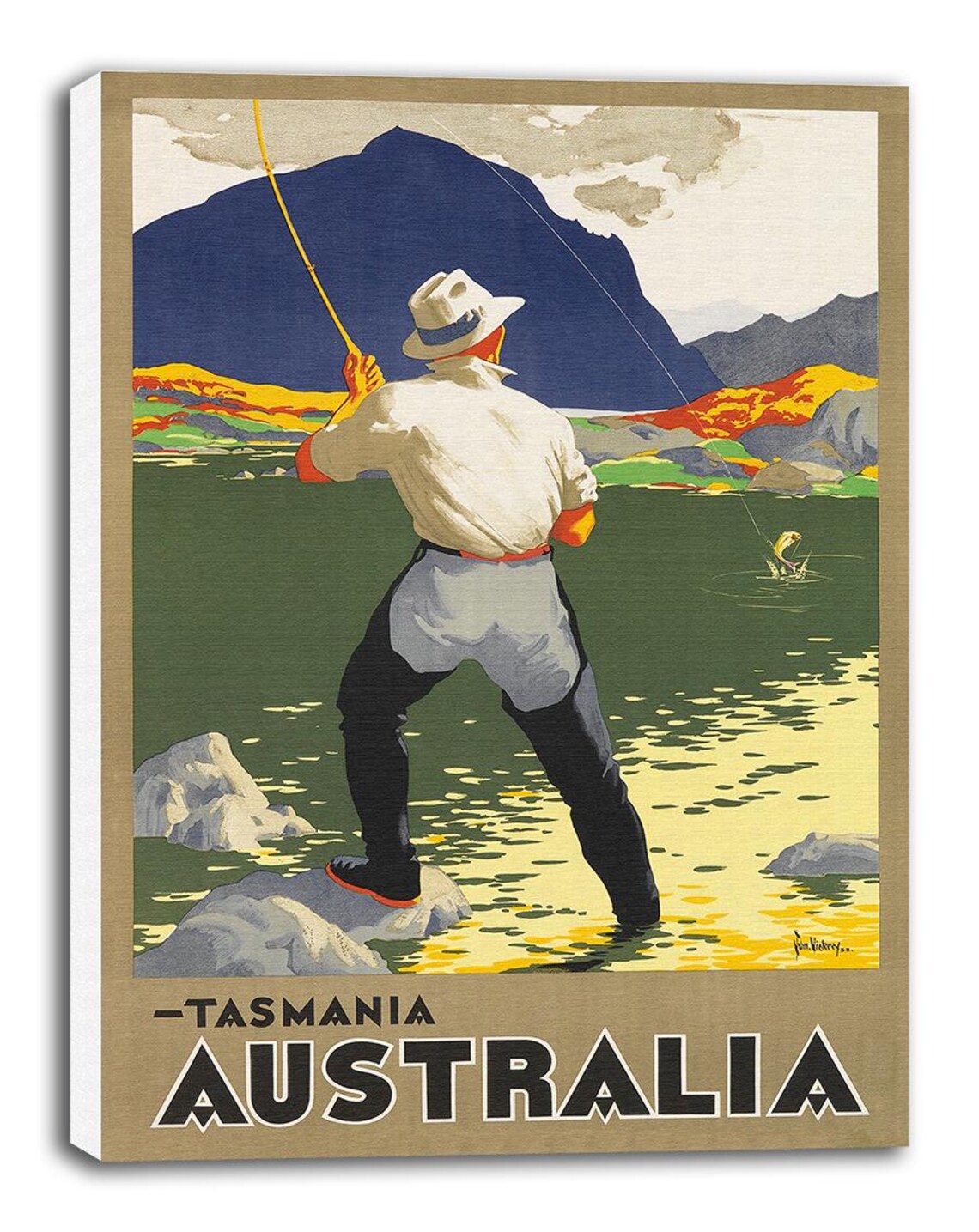 Tasmania Australia Fly Fisherman Vintage Lake Mountain Poster - Image 2