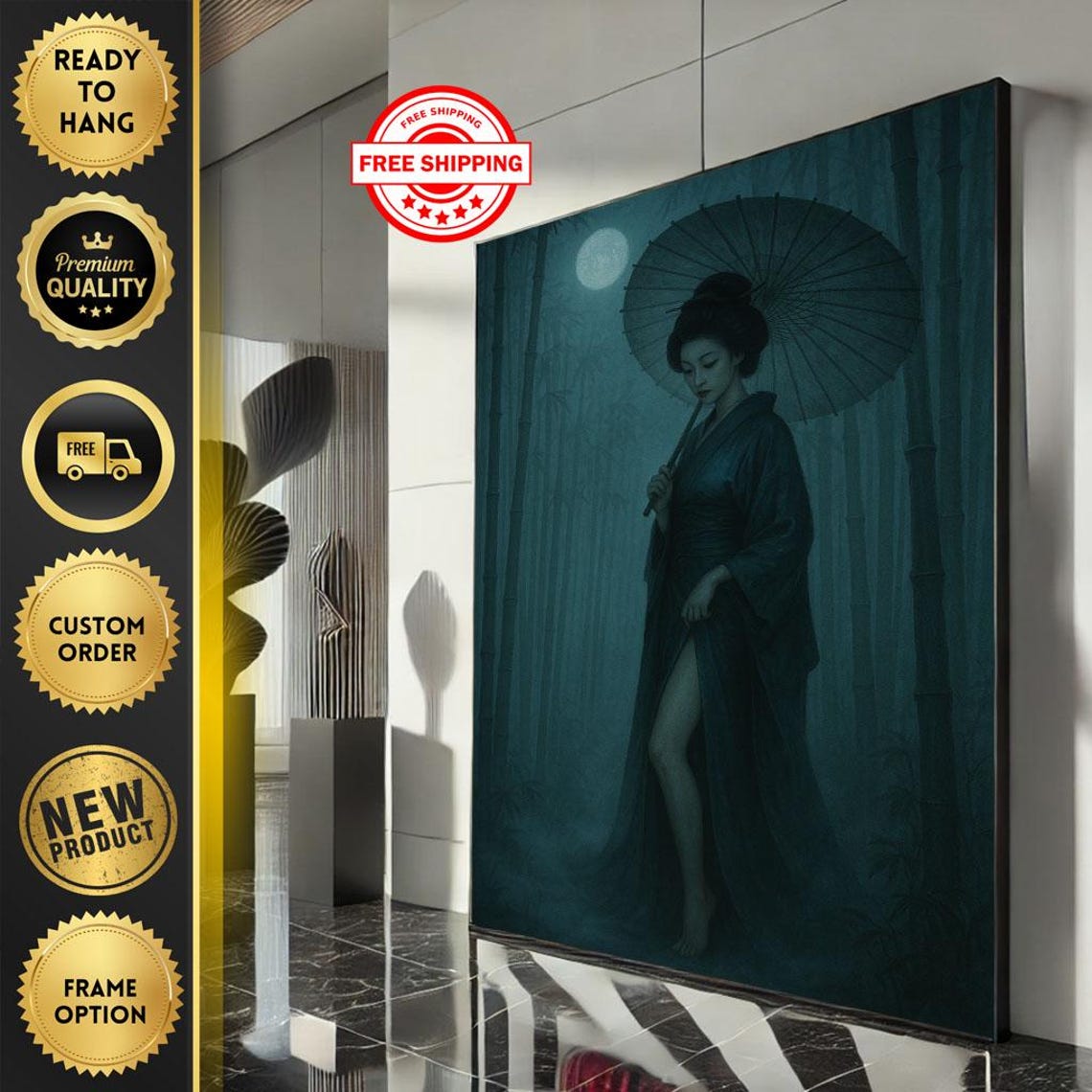 Moonlit Parasol Woman Bamboo Forest Teal Moonlit Night Art Poster