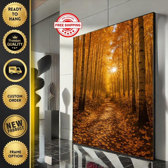 Golden Autumn Birch Forest Path Art Sunlit Gold Leaf Fall Magic Poster