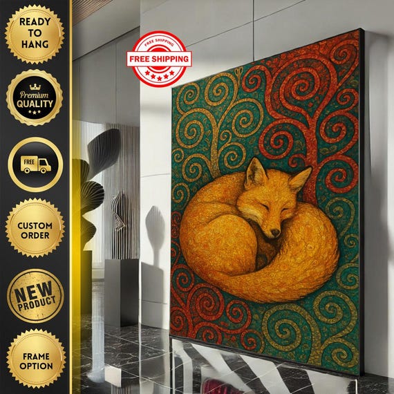 Sleeping Fox In Nature Canvas Wall Art Print Rustic Boho Living Room Decor Ready To Hang