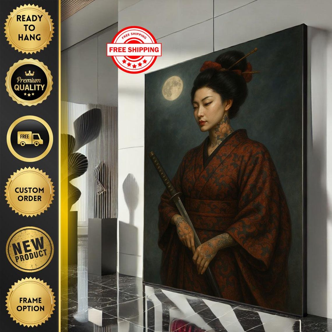 Tattooed Kimono Swordswoman Moonlit Dark Asian Portrait Art Poster