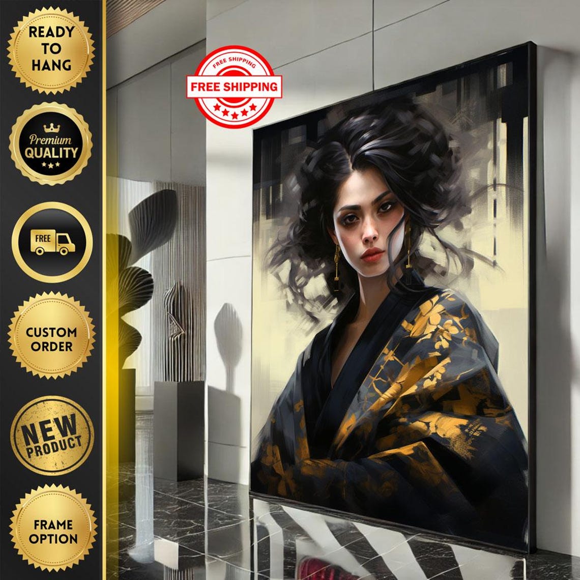 Sophisticated Modern Woman In Kimono Canvas Wall Art Print Elegant Bedroom Decor Ready To Hang