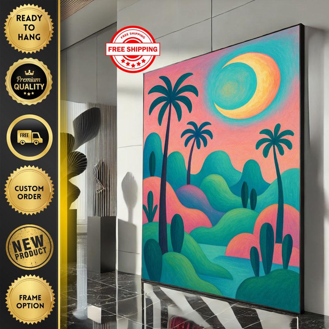 Tropical Palm Trees Under Crescent Moon Colorful Moonlit Poster