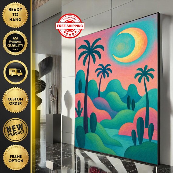 Colorful Tropical Moonlit Landscape Canvas Wall Art Print Modern Living Room Decor Ready To Hang Statement Piece