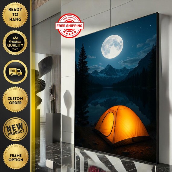 Glowing Orange Tent By A Mountain Lake Under Full Moon Poster