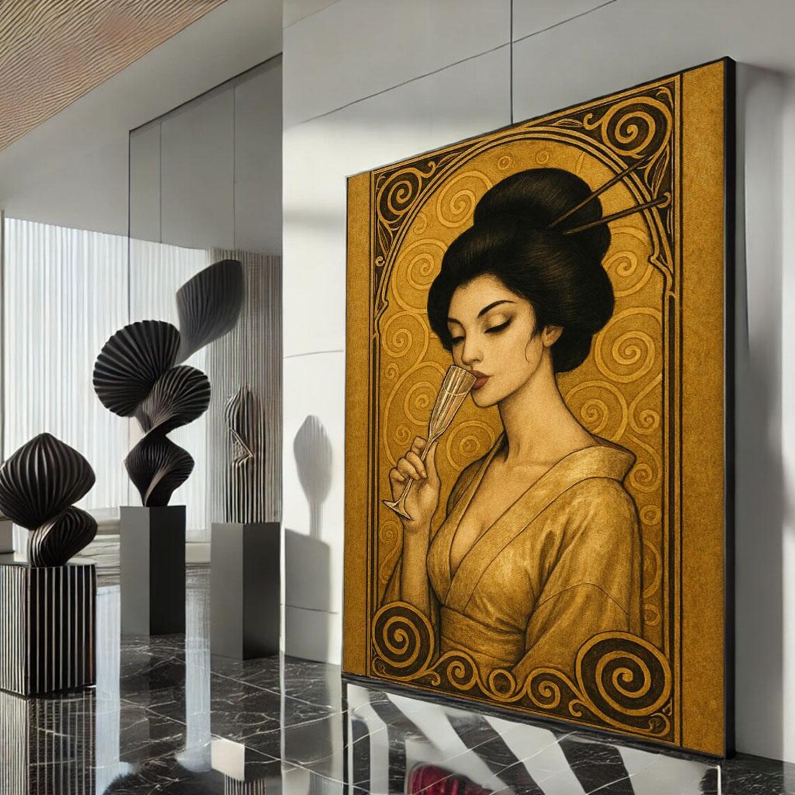 Golden Klimt Style Woman Drinking Champagne Art Nouveau Wall Art