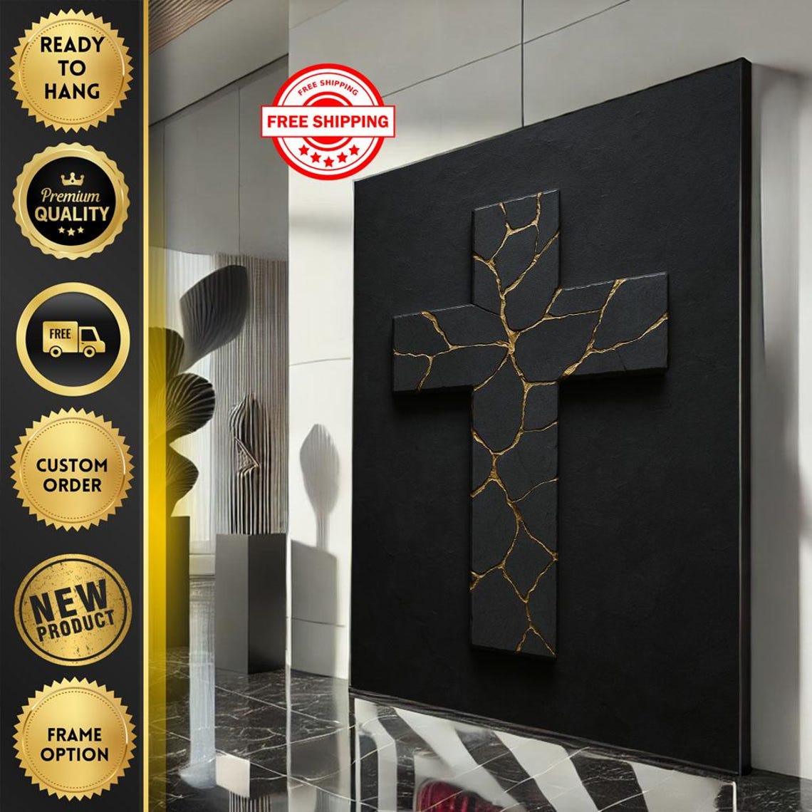 Black and Gold Kintsugi Cross Minimalist Modern Christian Art Print