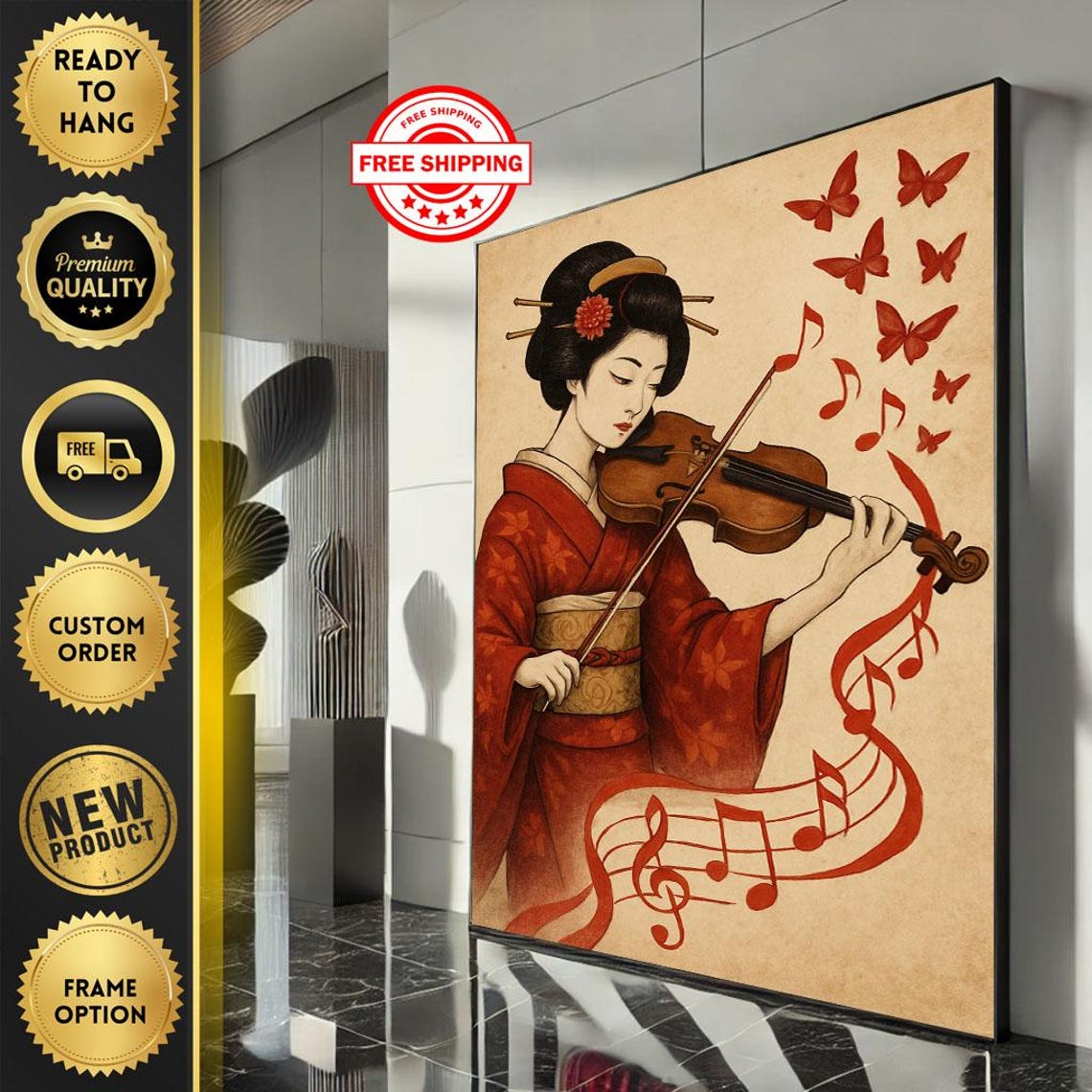 Elegant Geisha Playing Violin Red Kimono Music Oriental Poster