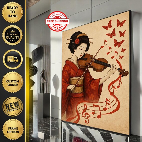 Elegant Geisha Playing Violin Red Kimono Music Oriental Poster