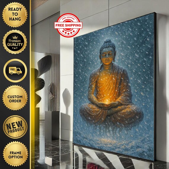 Golden Glowing Buddha Meditating Winter Snow Meditation Poster