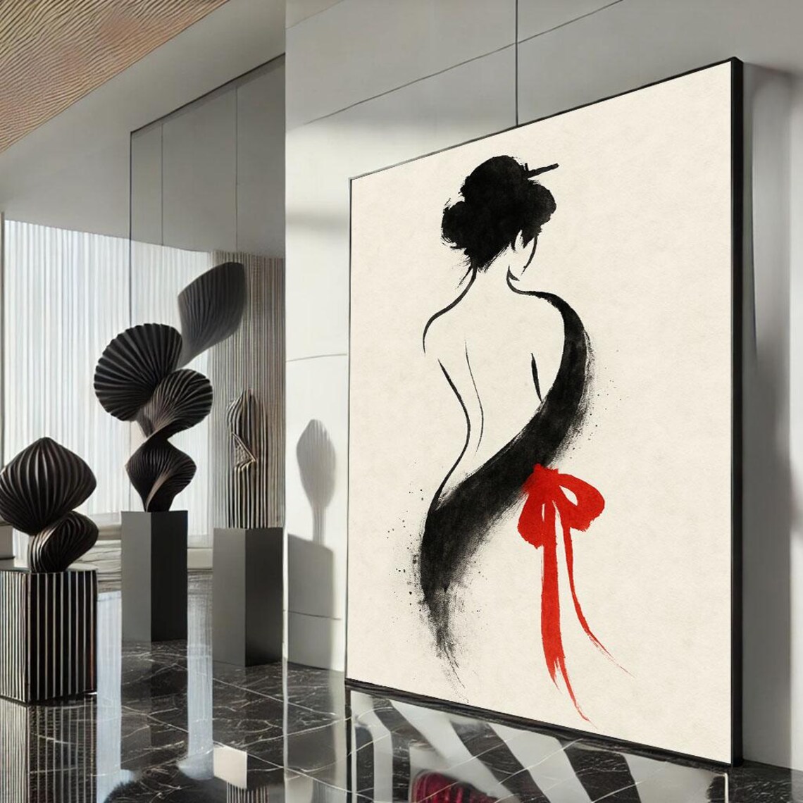 Minimalist Japanese Ink Wash Silhouette Woman Red Ribbon Wall Art