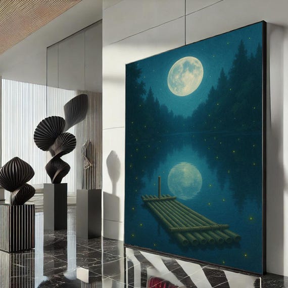 Tranquil Moonlit Lake Scene Canvas Wall Art Print Blue Living Room Decor Statement Piece