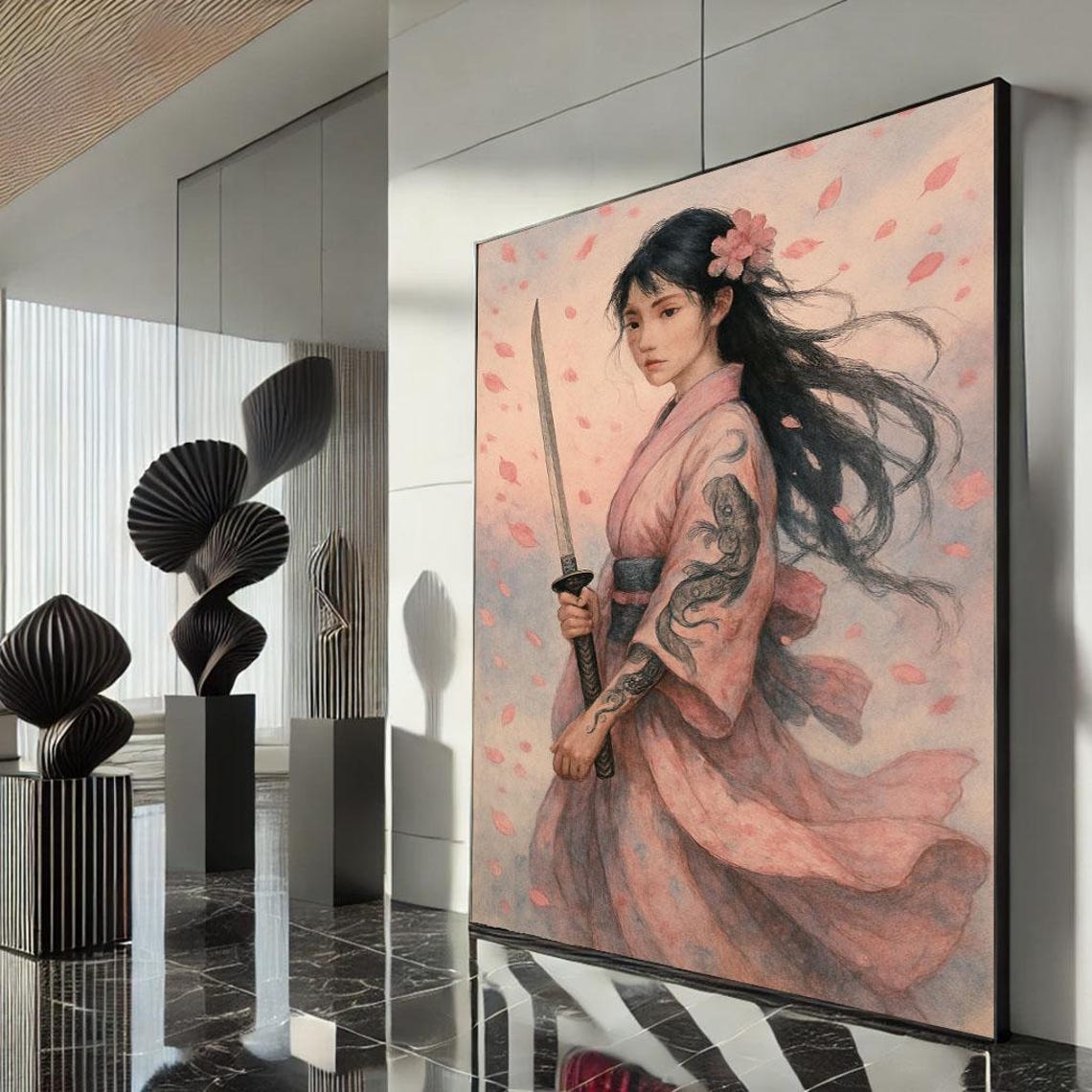 Japanese Woman Pink Kimono Katana Cherry Blossom Watercolor Art Poster
