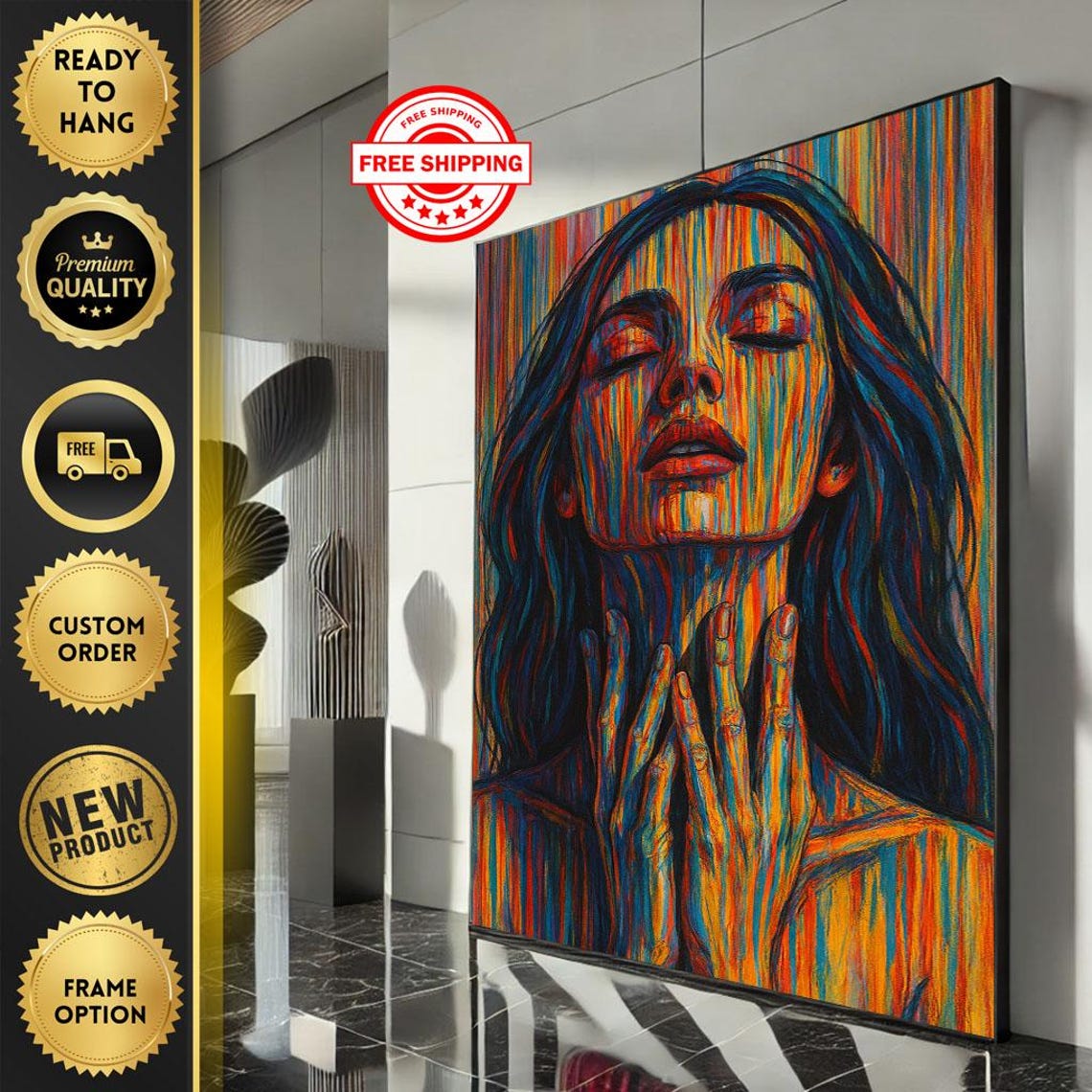 Modern Woman Portrait Canvas Wall Art Print Vibrant Abstract Living Room Decor Ready To Hang Statement Piece