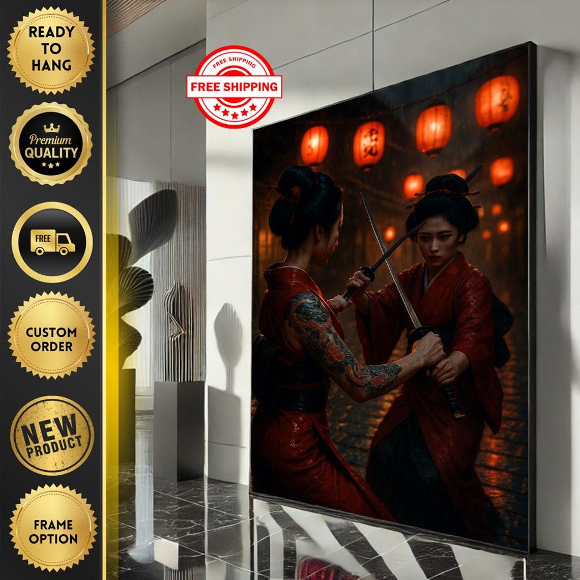 Two Samurai Women Dueling Under Red Paper Lanterns Night Poster