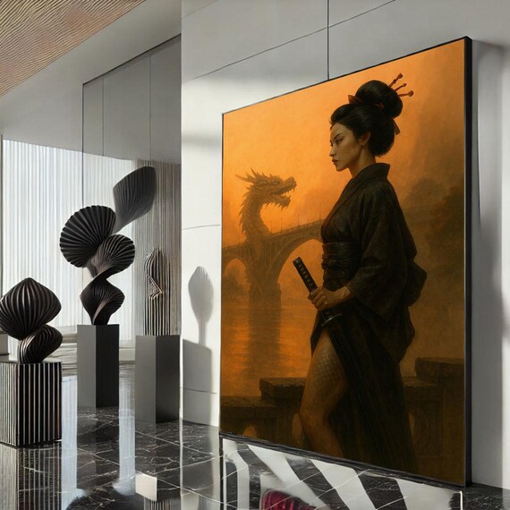 Elegant Japanese Woman And Dragon Canvas Wall Art Print Oriental Living Room Decor Statement Piece