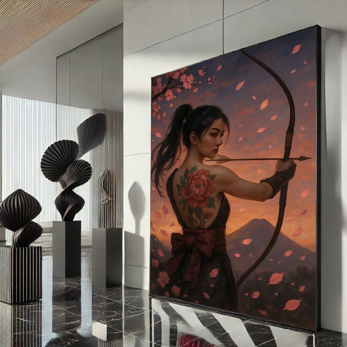 Female Archer Drawing Bow Peony Tattoo Cherry Blossom Sunset Poster