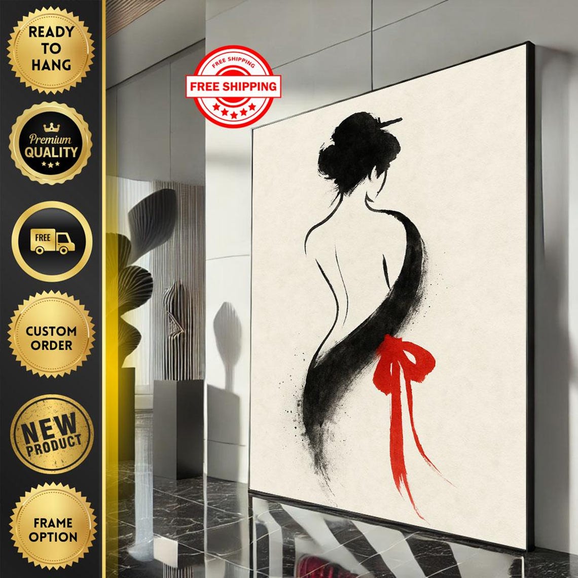 Minimalist Black Ink Geisha Silhouette with Red Ribbon Poster