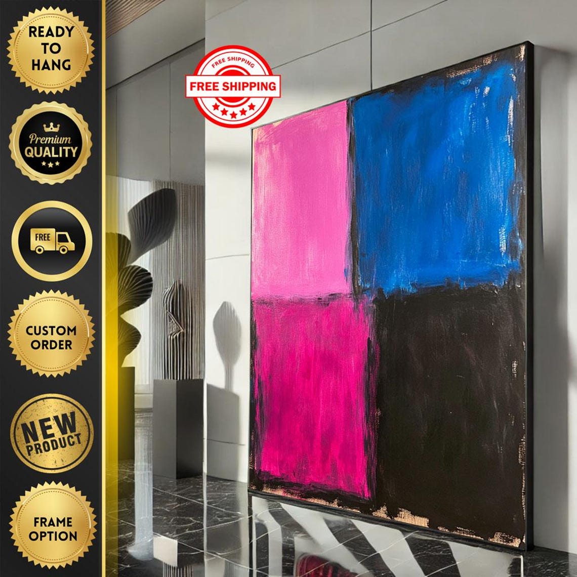 Pink Blue and Black Four Block Color Field Abstract Art Poster
