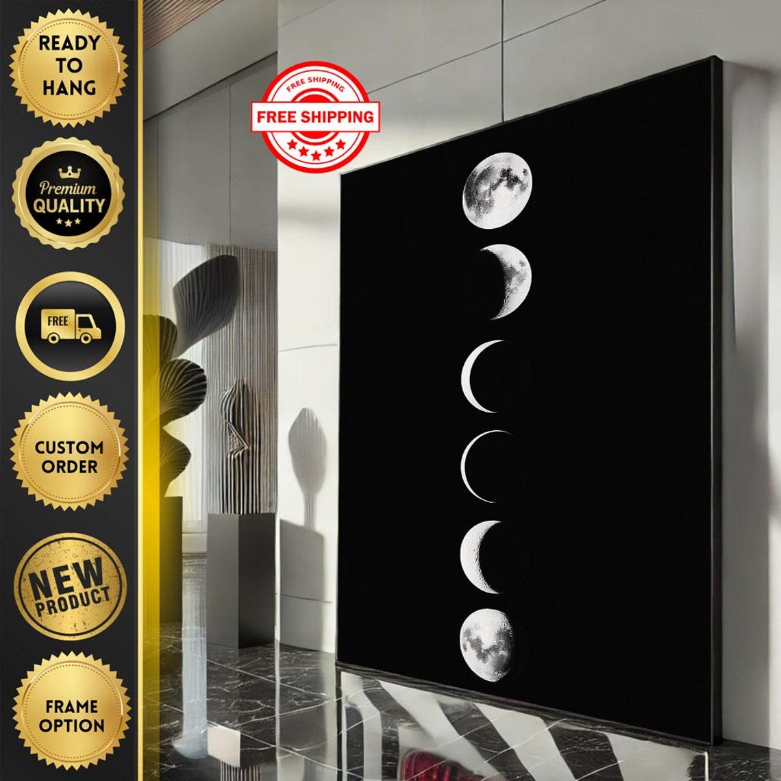 Black And White Moon Phases Chart Modern Cosmic Lunar Cycle Poster
