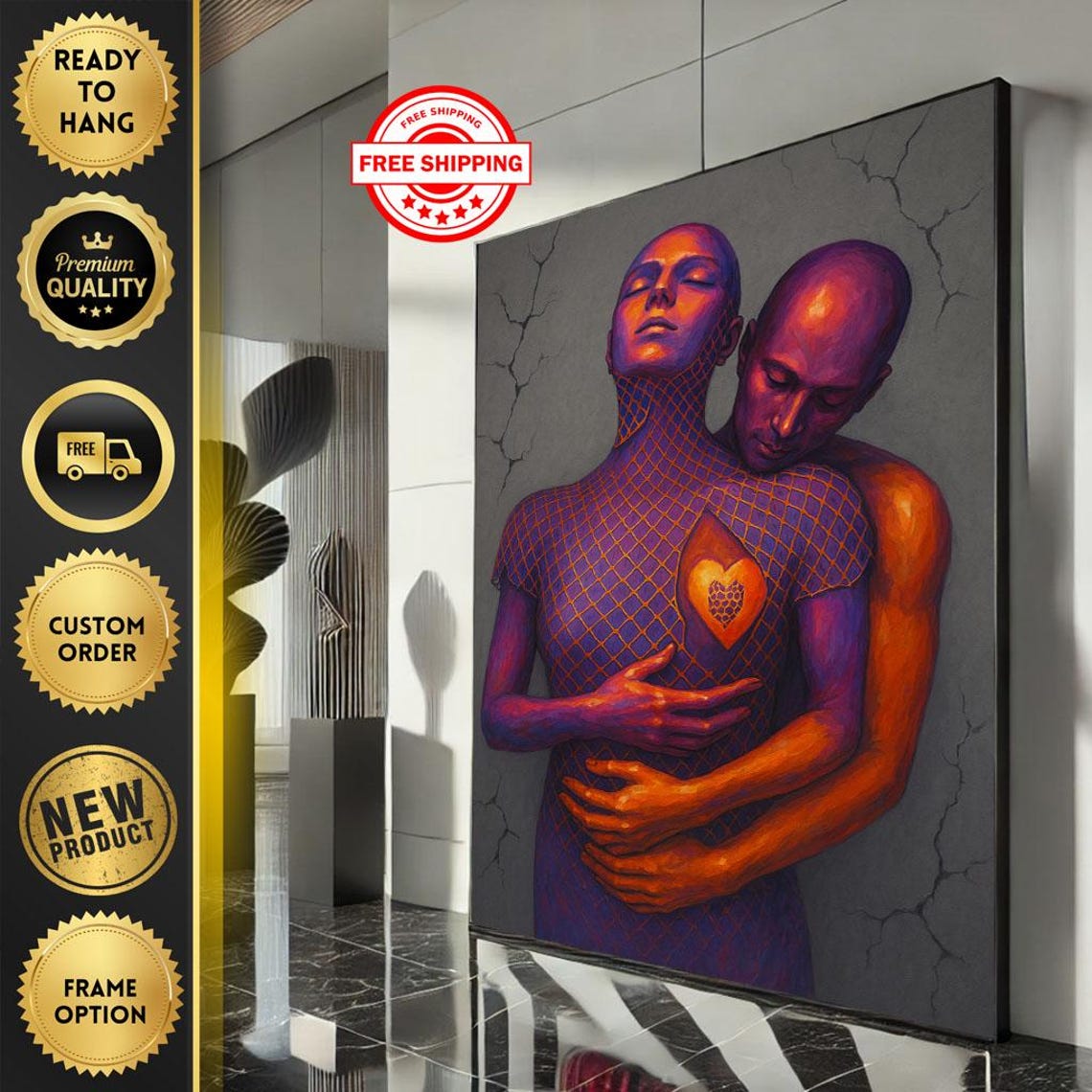 Romantic Embrace Surreal Purple Metallic Figures Love Poster