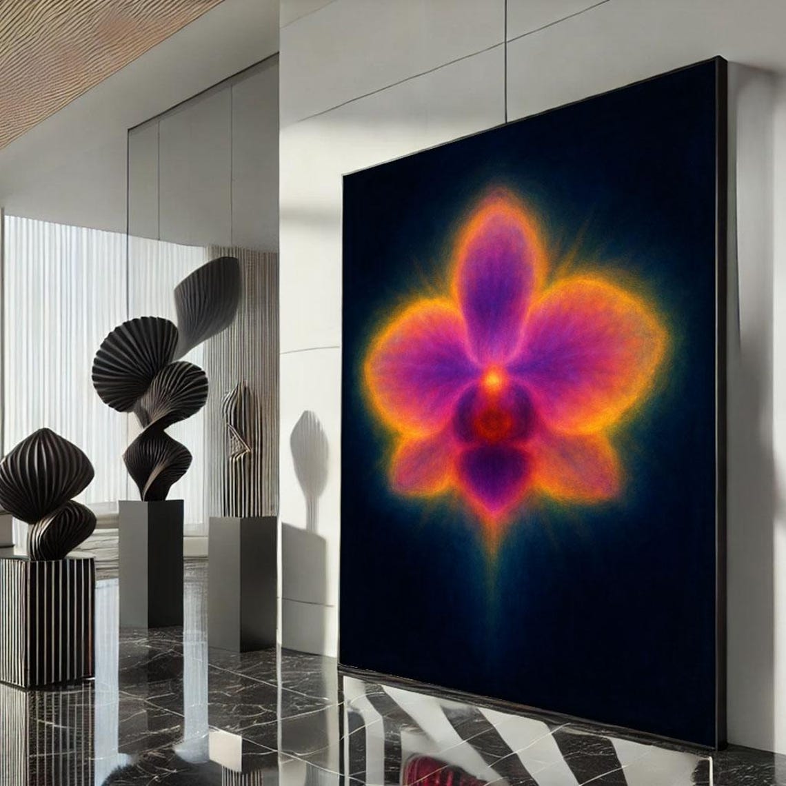 Neon Glowing Flower Abstract Bloom Vibrant Dark Background Poster