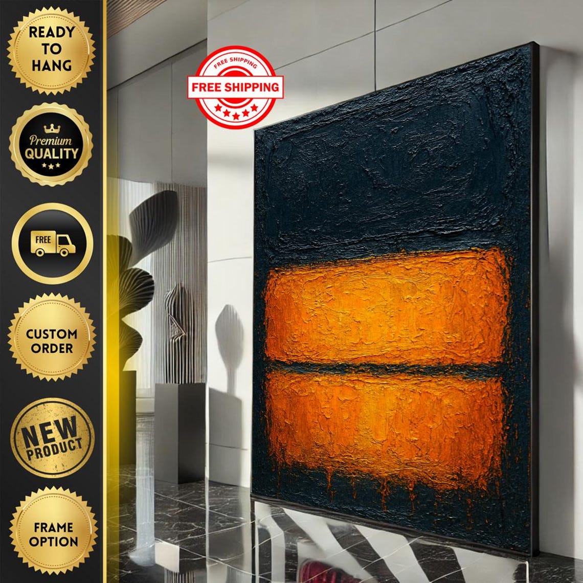 Rothko-Inspired Textured Black and Orange Color Field Art Poster