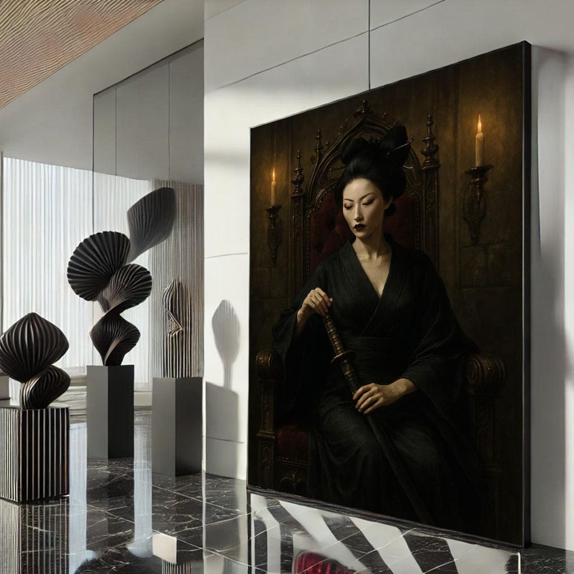 Dark Samurai Woman Black Kimono Katana Gothic Throne Oil Poster