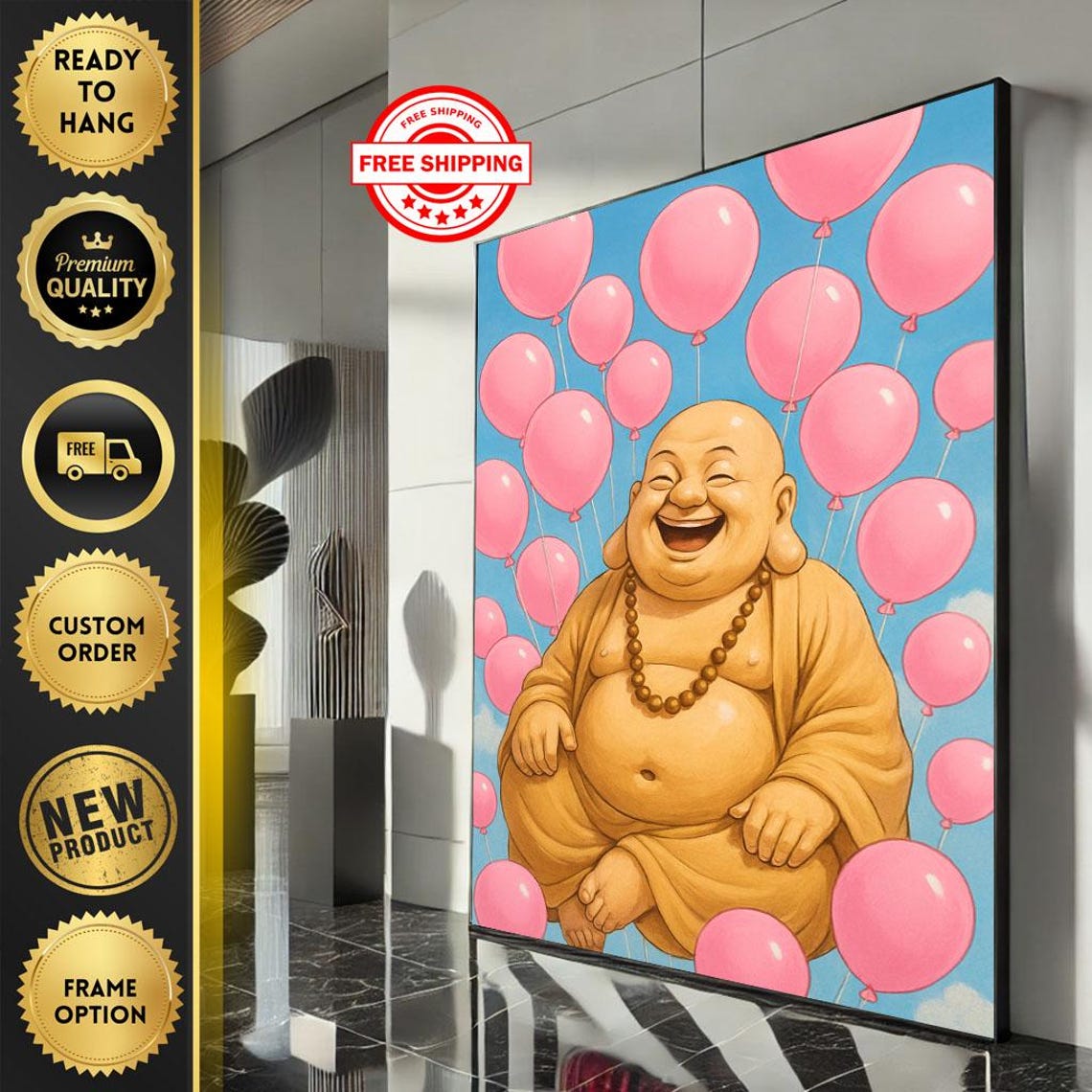 Joyful Laughing Buddha Surrounded by Pink Balloons Whimsy Poster