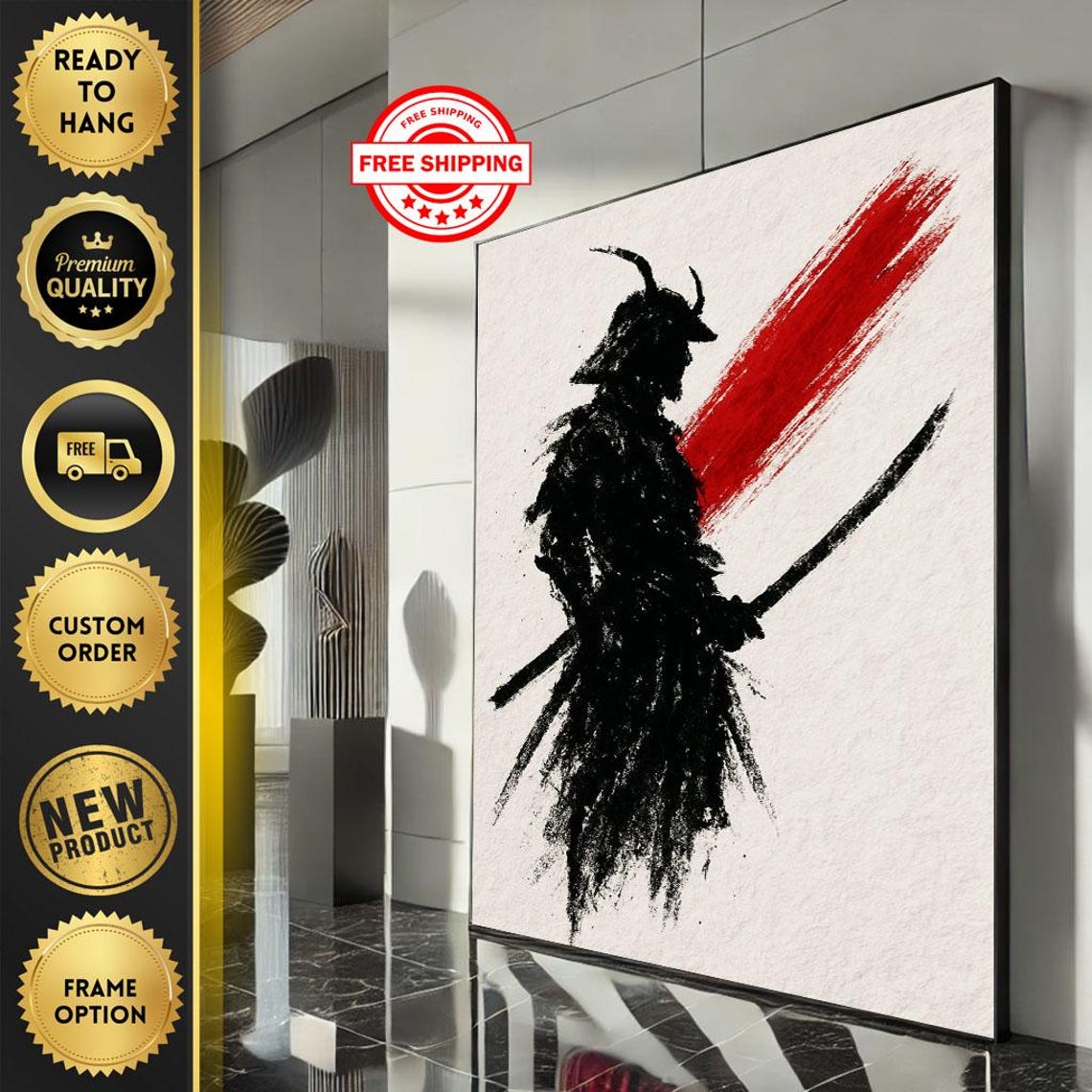 Dark Samurai Warrior Silhouette Red Brushstroke Ink Abstract Poster