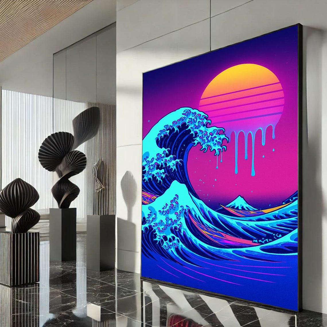 Neon Great Wave Synthwave Sunset Japanese Ocean Melting Sun Poster