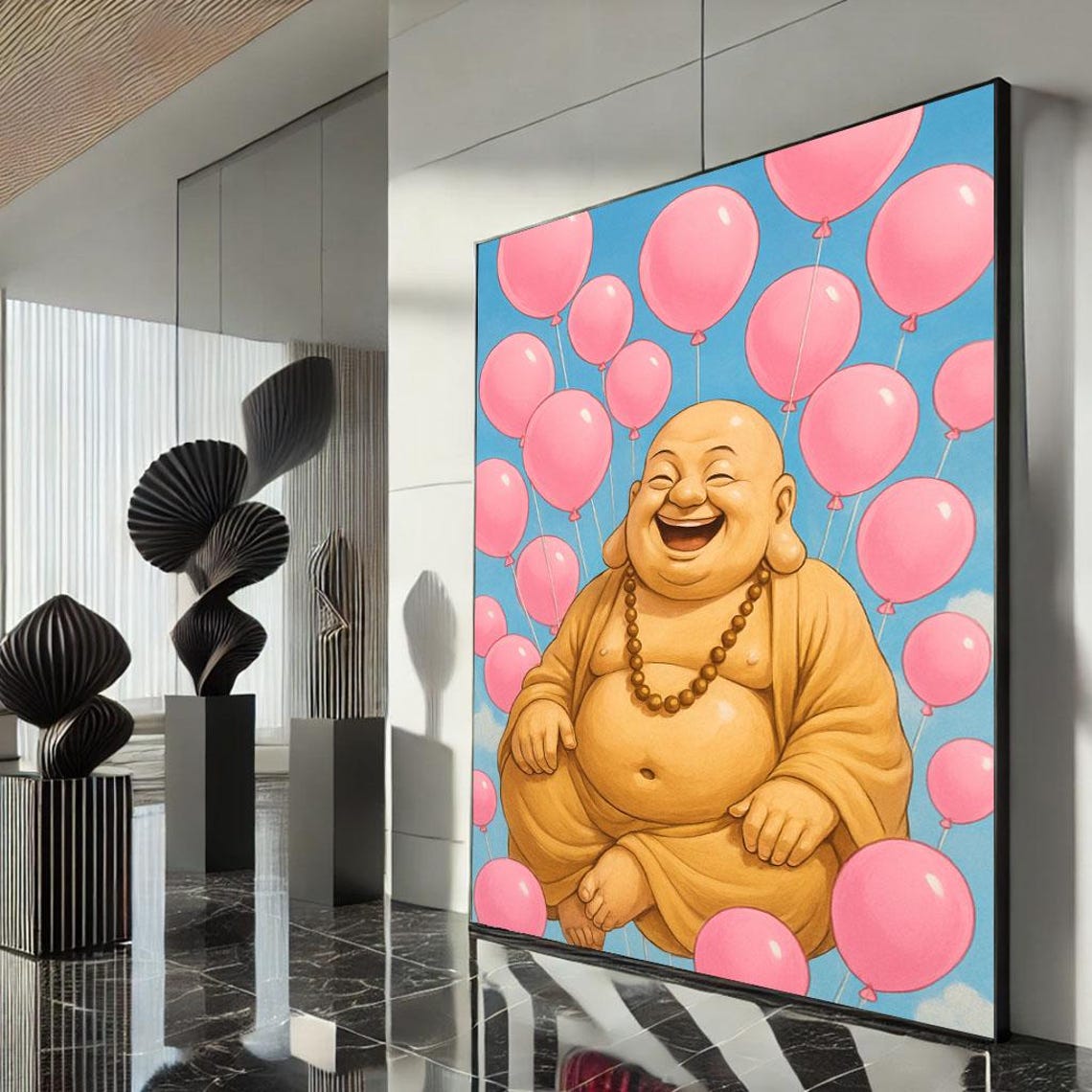 Laughing Buddha Pink Balloons Joyful Blue Sky Celebration Poster