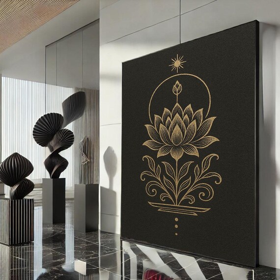 Gold Lotus Mandala Line Art Black Background Boho Zen Wall Poster