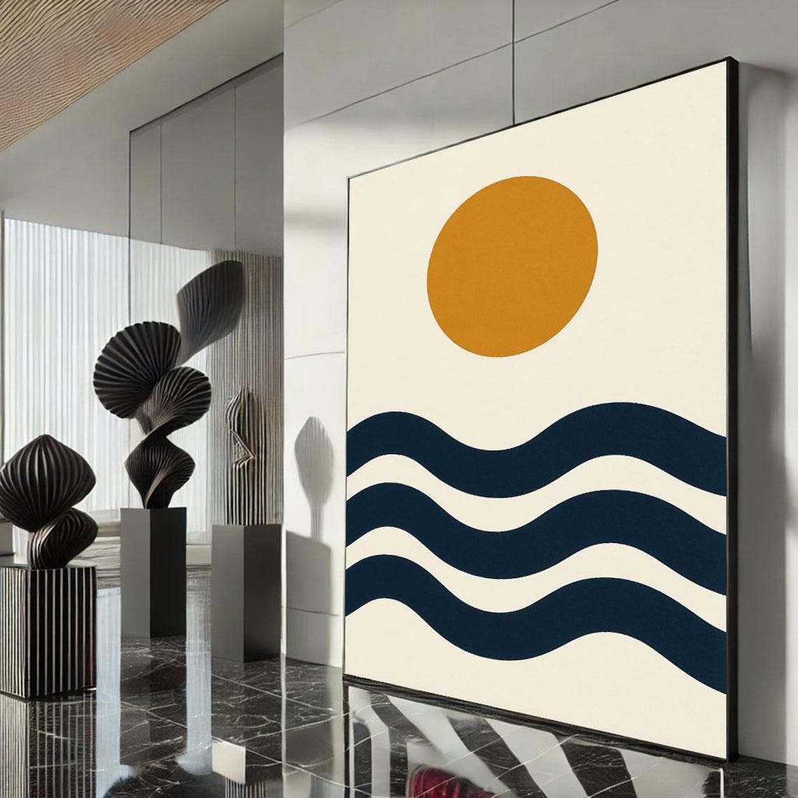 Minimalist Navy Waves Under a Gold Sun Abstract Seascape Poster