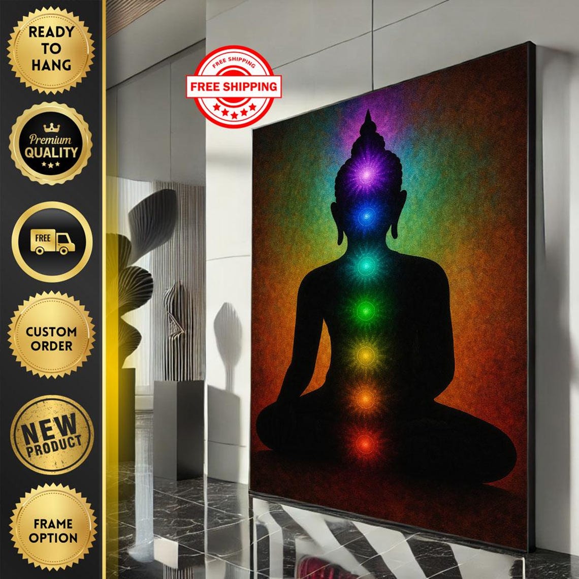 Meditating Buddha Silhouette Seven Chakra Glow Rainbow Poster
