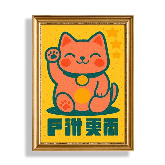 Smiling Lucky Cat Maneki Neko Fortune Charm Retro Yellow Poster