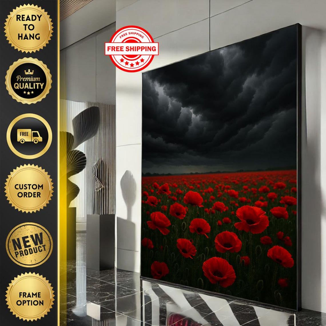 Field Of Bright Red Poppies Under A Dark And Stormy Sky Poster